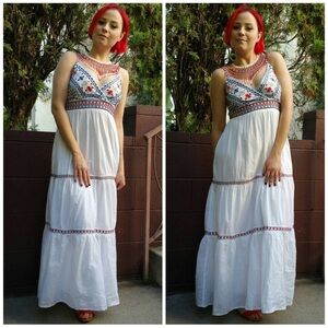 Klozlyne red blue Embroidered White tiered Maxi Dress sm